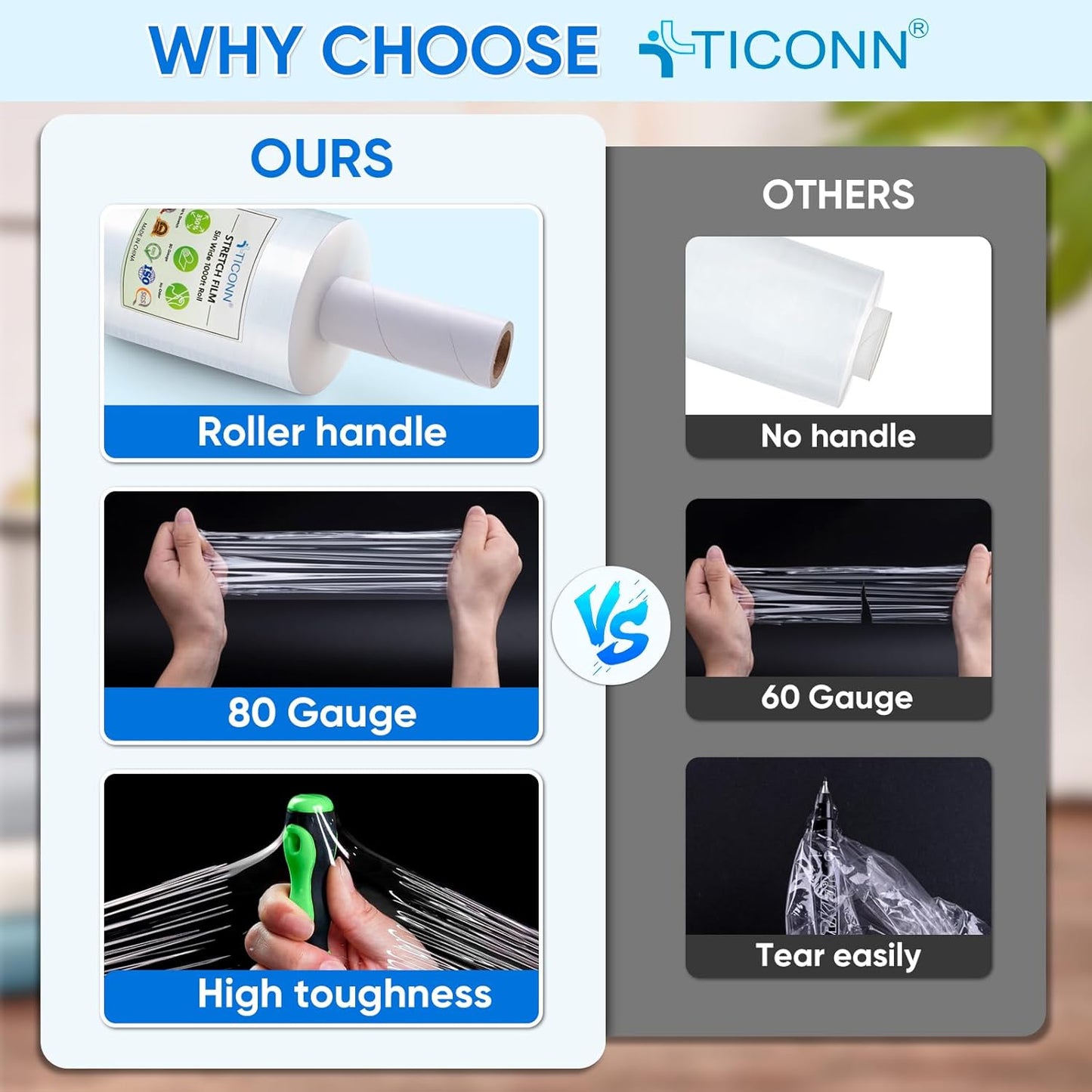 TICONN Stretch Wrap Film Roll - 1000ft Industrial Strength Clear Plastic Wrap with Handles | 5 Inch Wide
