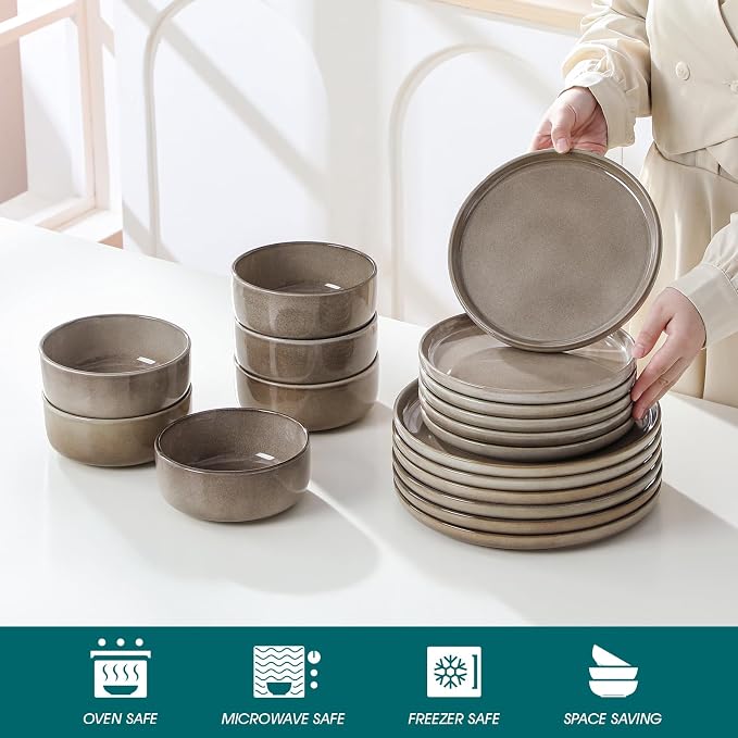 vancasso PLAYA Plates and Bowls Sets, 18 Pieces Dark Brown Dinnerware Sets for Kitchen, Reactive Glaze Dishes Set for 6, Dishwasher and Microwave Safe