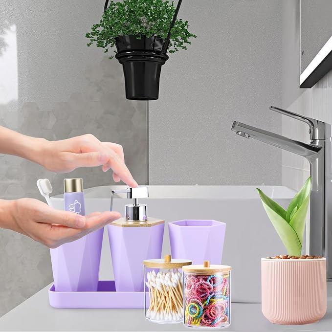 Bathroom Accessories Set, 9 Pieces Bamboo Bathroom Set with Trash Can, Tray, Soap Dispenser, Soap Dish, Toothbrush Holder, Toothbrush Cup, Toilet Brush and Qtip Holders