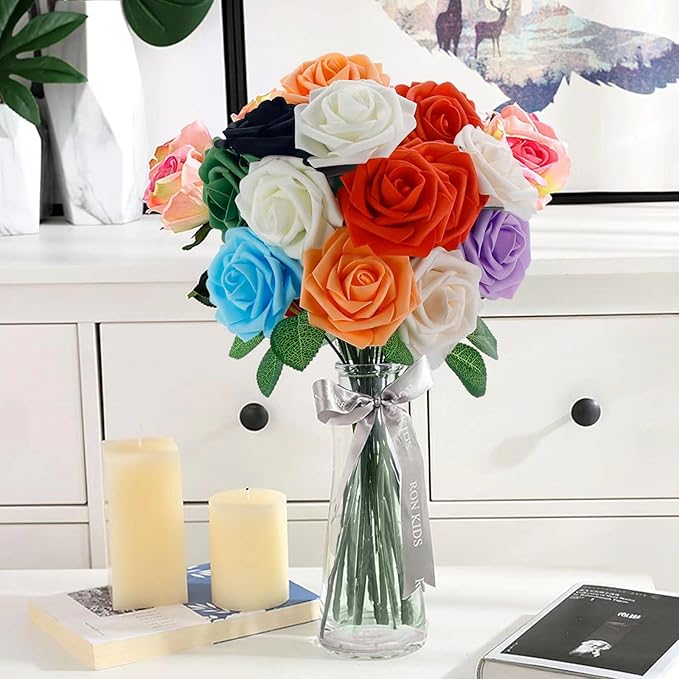 [25PCS] Vermillion Roses Artificial Flowers with Long Stem Real Touch Fake Foam Roses for DIY Wedding Bouquets Centerpieces Bridal Shower Mothers Day Party Flower Arrangements Home Decor