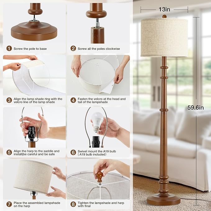 Floor Lamps for Living Room - 60" Wood Farmhouse Floor Lamp with Adjustable Color Temperatures - Vintage Standing Lamp Reading Light with Linen Shade Rustic Tall Lamp for Bedroom Office, Dining Room