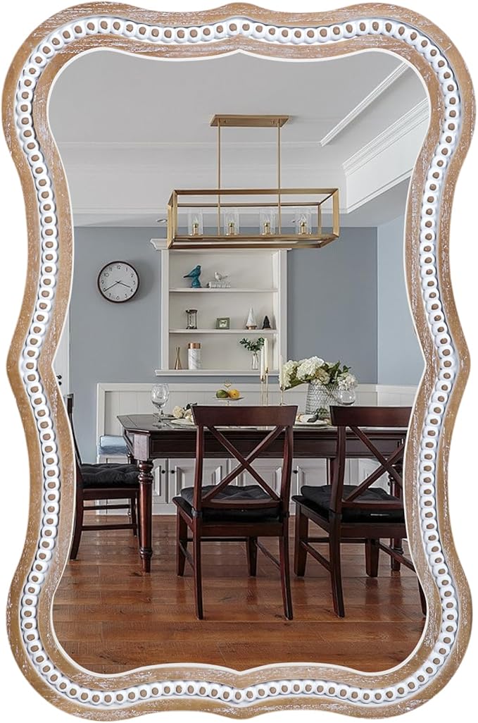 35x24 Inch Wavy Wooden Frame Mirror for Bathroom Over Sink, Rustic Farmhouse Decorative Mirrors for Wall, Entryway, Living Room, Bedroom (Vertical/Horizontal)