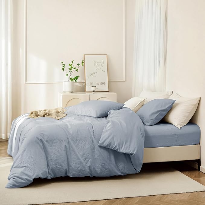 JIYUAN 100% Washed Cotton Duvet Cover Set 2 Pieces Twin, 1 Duvet Cover 68x90 Inches(Comforter Not Included) and 1 Pillowcases,Linen Feel Bedding Set Comfy and Breathable, Heathered Light Blue