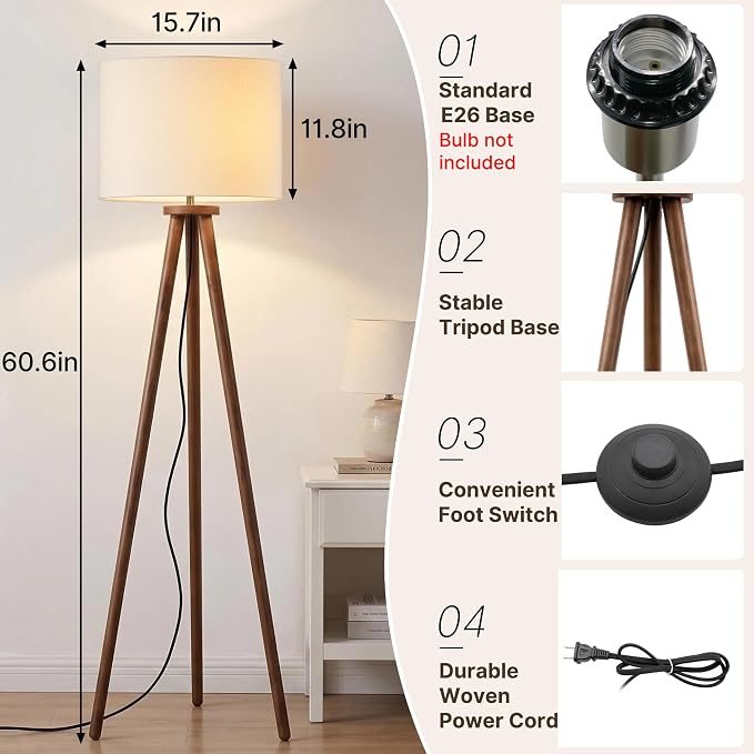 Buruis 60.6" Solid Wood Tripod Floor Lamp with 15.7" Large Linen Shade, Mid-Century Walnut Finish Standing Lamp for Living Room, Bedroom, Office, Corner, UL Listed, Bulb Not Included, Beige