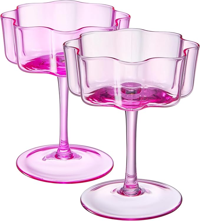Flower Scalloped Vintage Wavy Petals Wave Glass Coupes 7oz Colorful Martini, Champagne & Cocktails, 2 Pink & Blush Set Amber Rippled Champagne Glasses, Elegant Bar Glassware, Aesthetic Coupe Glassware
