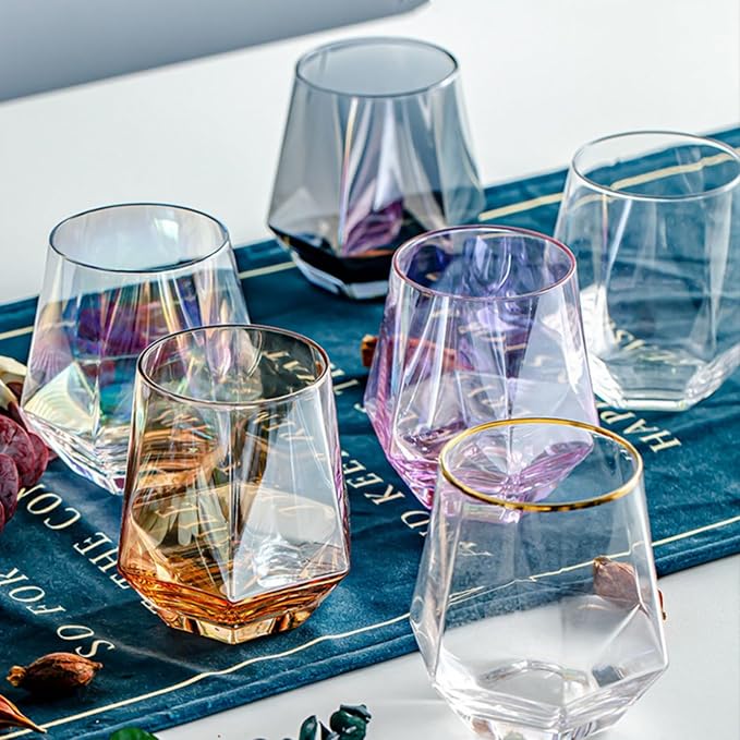 Stemless Wine Glasses Set of 4, 10 Oz Iridescent Glassware Modern Rainbow Wine Glass Colored Tumblers for Red Wine, Cocktail, Whiskey, Bourbon, Gift for Wine Lovers