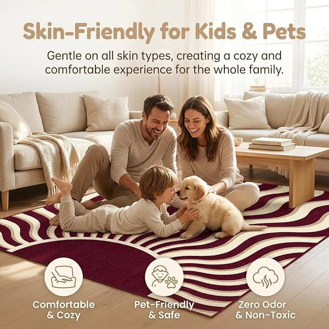 5x7 Retro Abstract Area Rug, Burgundy and Beige Wavy Sunburst Rug, Washable Non-Slip Low Pile Faux Cashmere Rug for Living Room, Bedroom, Home Office