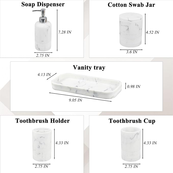 LIN CHUAN 6-Piece Bathroom Accessories Set, Organizer Set with Soap Dispenser, Toothbrush Holder Set, Vanity Tray, Tumbler & 2 Cotton Swab Jars – Modern Stylish Bathroom Storage(Marble White)
