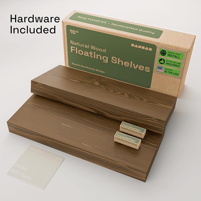 BAOBAB WORKSHOP Wood Floating Shelves for Wall Mounted, 16 inch Walnut Floating Shelf for Bathroom, Solid Wooden Wall Shelves for Kitchen Bedroom Farmhouse, Walnut Finish, 16 x 6.7, Set of 2