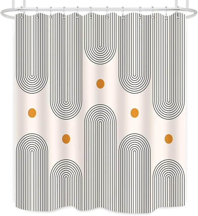 Mid Century Shower Curtain Boho Minimalist Abstract Arch Sun Simple Lines Geometric Modern Beige Bathroom Decor Waterproof Fabric 72Lx60W Inch with 12pcs Plastic Hooks