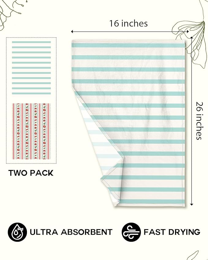 Miss Adola 2 Pack Flour Sack Kitchen Towels - 16x26 Inch Cotton Dish Towels with Hanging Loop Reusable Geometric Boho Modern Retro Tea Towel Absorbent Dishcloths Home Decor, Stripe Fruit