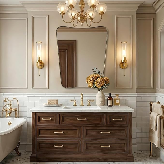 ANDY STAR Brushed Brass Mirror, 30"x36" Mirrors for Bathroom Sink, Champagne Bronze Scalloped Mirror in Rust-Proof Stainless Steel Frame, Buterfly Shaped Design Ideal for Bathroom Remodel