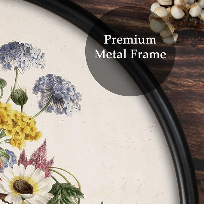 XIAOAIKA Round Vintage Wall Hanging Decor, Printed Textured Surface with Wood Back, Flower Bouquet Design, Black Metal Frame, Ready to Hang for Living Room Bedroom, 10 Inch