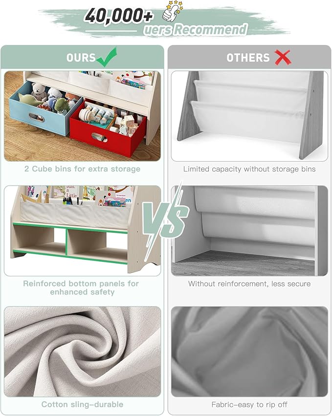SEIRIONE Sturdy Kids Bookshelf, Tear-Proof Cotton Sling, Eco-Safe Toddler Bookshelf with 2 Cube Bins for Books & Toys, Beige/Wood Texture