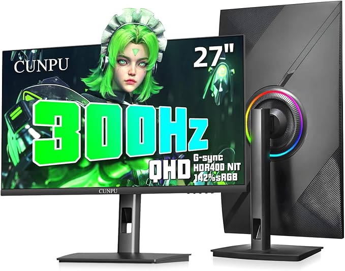 27-inch Gaming Monitor 300Hz QHD(2560× 1440p), 1MS,Fast IPS,142% sRGB, MAX400Nit, VESA,FreeSync, Built-in Dual Speakers, HDMI 2.1& DP 1.4,Height/Pivot/Tilt/Swivel Vertical Monitor, for PS5/Xbox