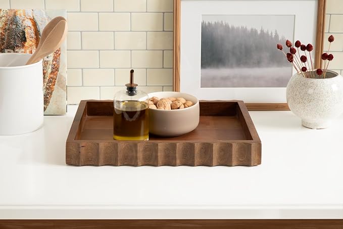 Kate and Laurel Lissi Decorative Rectangle Tray with Wavy Design; 16 x 12; Walnut Brown; Mid-Century Modern Scalloped Serving Tray for Coffee Table Ottoman; Dining Table; or Entryway Catch-All Tray