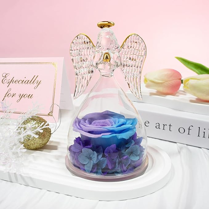 Sunia Preserved Flower Rose Gift for Women - Mother's Day Birthday Gifts for Mom Wife Grandma, Glass Angel Figurines Forever Real Roses Gifts for Her Valentine Day Thanksgiving﻿ (Blue Purple)