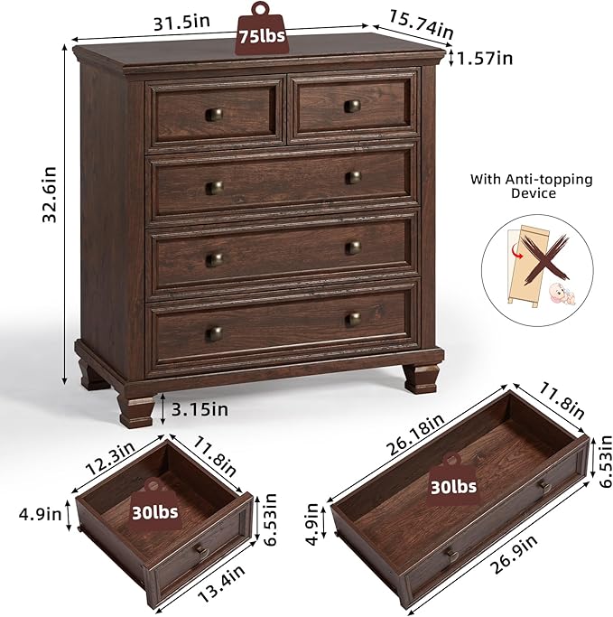 Farmhouse 5 Drawer Dresser for Bedroom, 32.6 Inch Tall Vintage Chest of Drawers, Mid-Century Small Dressers w/Square Solid Wood Legs, Rustic Storage Organizer for Living Room, Walnut