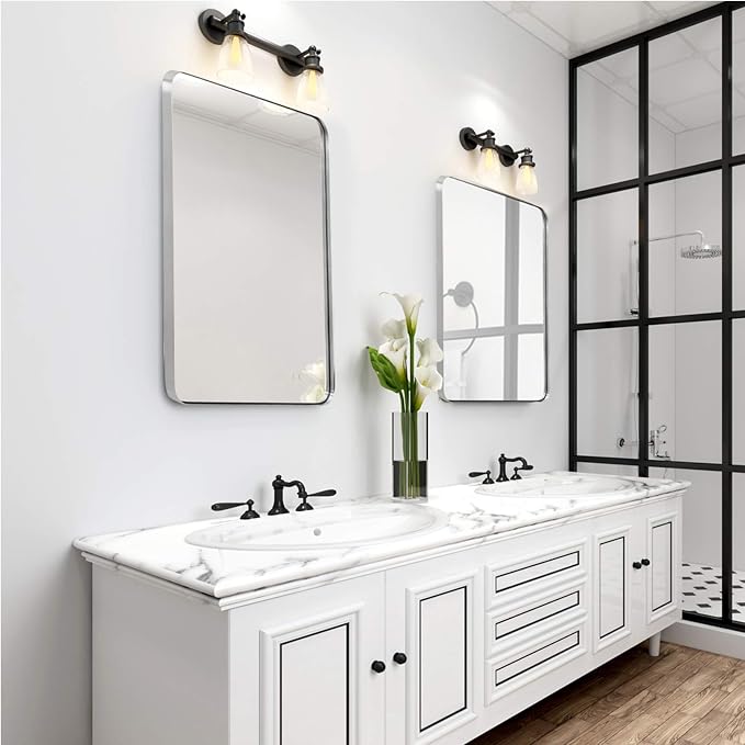 ANDY STAR Brushed Nickel Mirror for Bathroom, 22"x30" Silver Metal Frame Wall Mirror, Rectangular Stainless Steel Rounded Corner