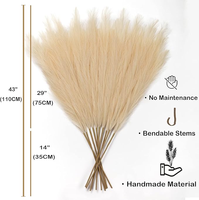 Faux Pampas Grass 6 Stems, Artificial Pampas Grass - 43 inch Total Extra Large Pompass Grass Tall Pompous Boho Flower Arrangement and Floor Vase Filler Home Decor for Room Wedding Party