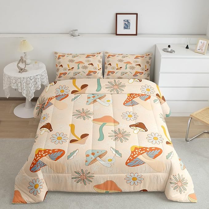 Castle Fairy 60s 70s Retro Mushroom Comforter Set Full Size,Groovy Flowers Floral Bedding Comforters for Girls Teens Gift,Boho Art Quilt Set with 2 Pillowcases,Chic
