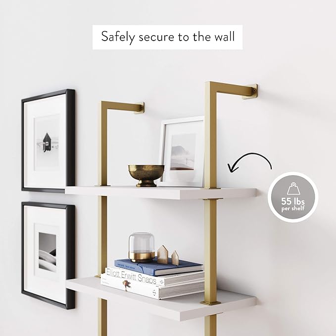 Nathan James Theo 5-Shelf Modern Bookcase, Open Wall Mount Ladder Bookshelf with Industrial Metal Frame, White/Gold