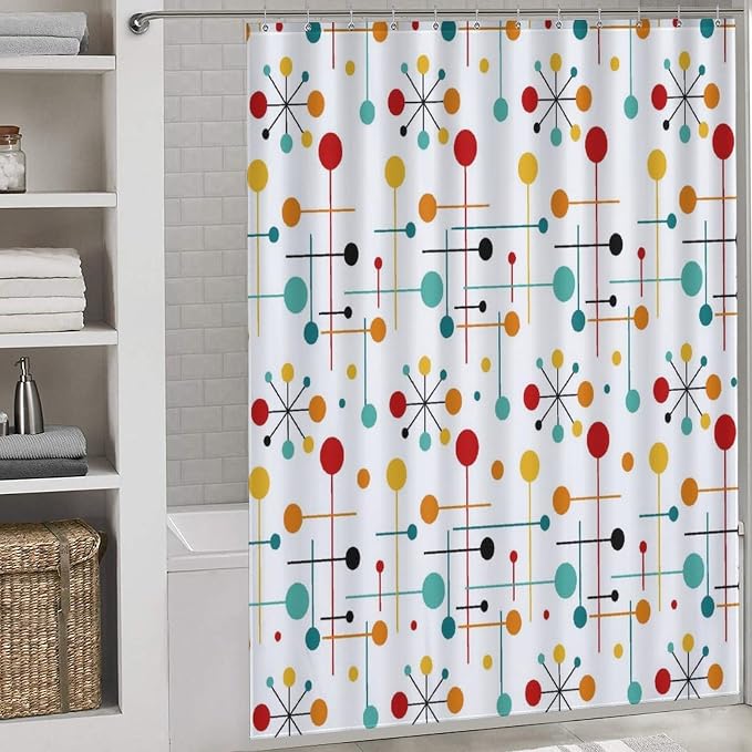 Mid Century Modern Shower Curtain,Abstract Atomic Starburst Geometric Diamond Pattern Shower Curtains Set for Bathroom Fabric Decorative Bath Curtain Washable Curtain Hooks, 72x72 inch
