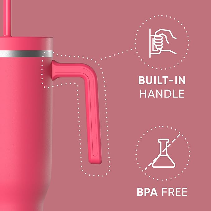 Hydrapeak Voyager 40 Oz Stainless Steel Tumbler with Handle, Insulated Water Bottle With Straw & Lid, Cupholder Friendly Reusable Travel Mug (Hot Pink)