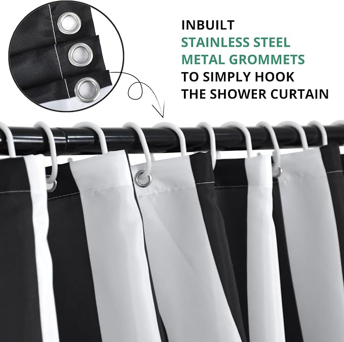Black and White Extra Long Shower Curtain, Striped Boho Minimalist Modern Waterproof Fabric Machine Washable for Bathroom Decor Bathtub with Hooks 72Wx84H