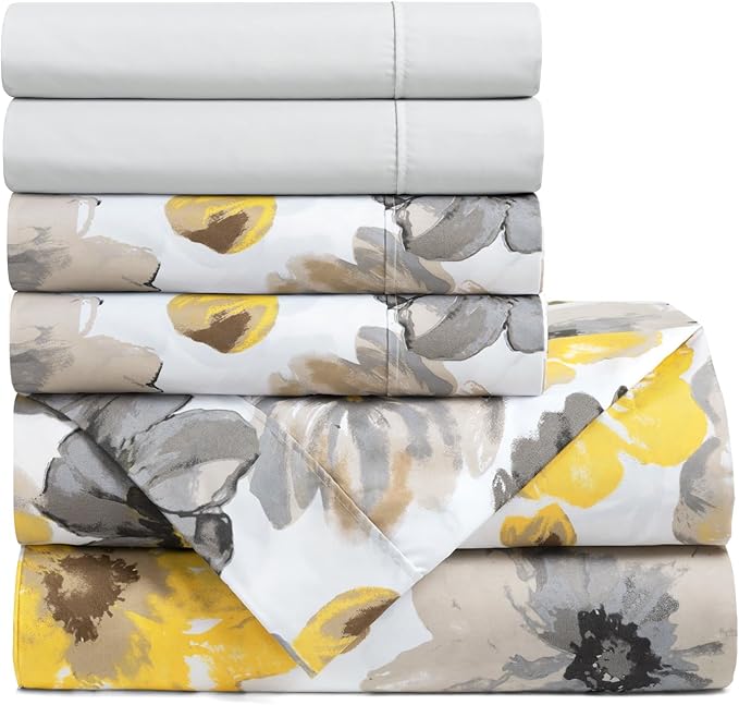 Lush Decor Leah Soft Floral Sheet Set, 6 Piece Set, King, Yellow & Gray- King Size Sheet Set - Printed Bedding - Watercolor Florals - Farmhouse Décor