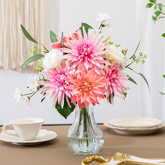 Artificial Flowers – Elegant Flower Bouquet, Faux Silk Dahlia & White Roses Floral Arrangement Fake Plant Decor for Home Indoor, Farmhouse kitchen Dining Decoration Wedding Table Centerpiece