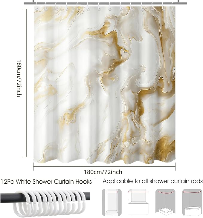 Mocsicka Shower Curtains for Bathroom, Gold Marble Shower Curtain for Bathroom, Abstract Gold and White Shower Curtain Modern Art Decor Waterproof Bath Curtain for Modern Bath Decor, 72 X 72 Inch