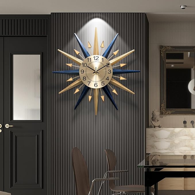 Starburst Large Wall Clock,Mid Century Decorative Wall Clock Modern Silent Clock Battery Operated for Living Room/Kitchen/Entryway/Bedroom/Office/Dinning Room Metal Wall Decor