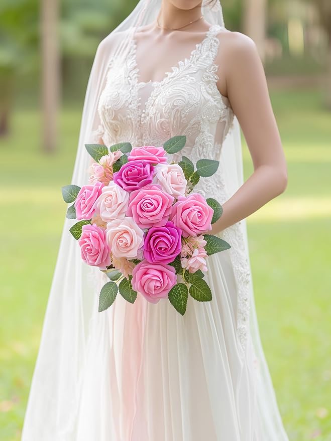 InnoGear Artificial Flowers, 100 Pcs Shades of Pink Foam Fake Roses Bulk with Stems for Decoration Celebration DIY Wedding Bouquets Centerpieces Bridal Shower Party Christmas Tree