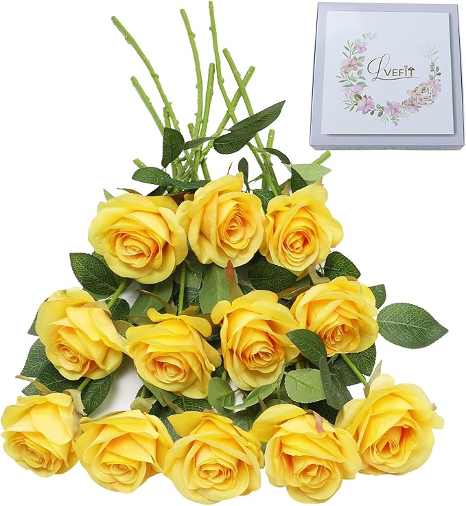 Artificial Rose Flower Artificial Flowers Flower with Long Stem Silk Roses Bouquet for Wedding Bridal Shower Party Home Decoration (Yellow, 12 Pcs)