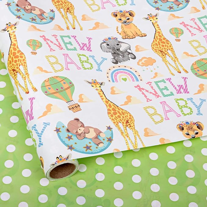 Altarho Reversible Baby Shower Wrapping Paper for Kids Girls Boys - 17 Inch x 33 Feet - Lion Giraffe Animals & New Baby Design for Neutral Baby Shower Party Birthday Holiday