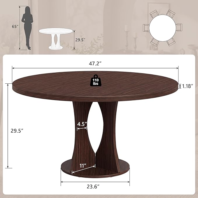 Einhomn 47.2-inch Round Dining Table, Kitchen Table for 4-6, Farmhouse Circle Dining Room Table, Space Saving Wood Kitchen & Dining Room Furniture, Black Oak