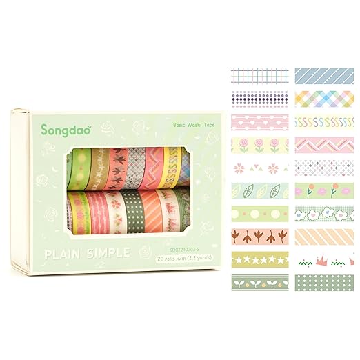 Songdao 20 Rolls Basic Washi Tape Set Japanese Arts Adhesive Tapes Simple Patterns Decorative Masking Tape Sets for Craft, Kids, Scrapbook, DIY, Gift Wrapping (Style Five)