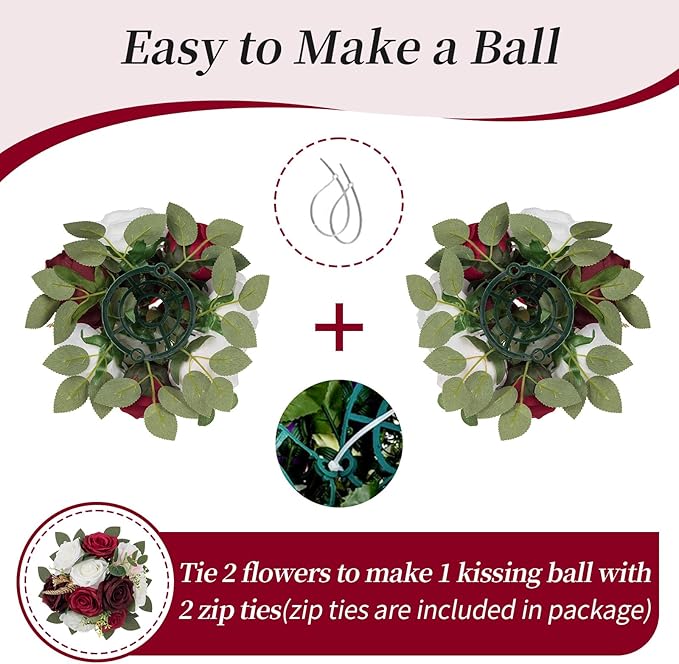 BLOSMON Artificial Flowers Ball Wedding Centerpieces 6 Pcs Burgundy Rose Artificial Flower Center Pieces Decoration for Table Silk Kissing Ball Faux Floral Bouquet Arrangements Home Party DIY Decor