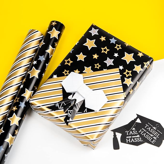 MAYPLUSS Graduation Gift Wrapping Paper Roll - 17in x 120in Per Roll - Black Gold Foil Star, Stripe & Graduation Cap Gift Wrap Paper Sheets for Party, High School, College, Annusarily Back to School