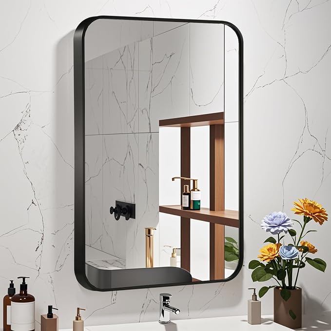 24x36 Inch Black Wall Mirror for Bathroom, Brushed Metal Framed Mirror with Rounded Corner, Rectangle Bathroom Vanity Mirror for Bedroom or Living Room, Horizontal/Vertical