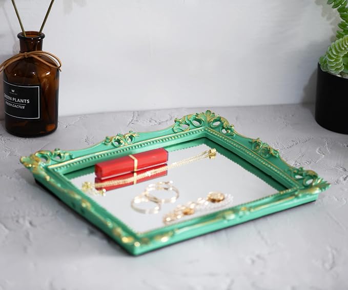 Funerom Vintage 11 x 9.5 inch Decorative Mirror, Wall Mounted & Tabletop Makeup Mirror ，Square (Light Green)