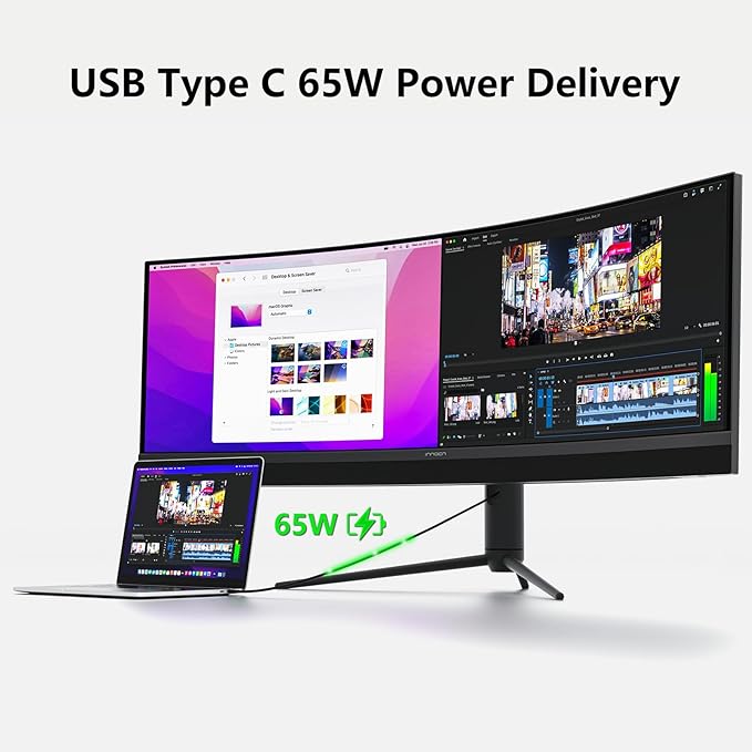 INNOCN 45C1R 45 Inch 5120 x 1440p Ultrawide Curved Gaming Monitor, R1500, HDR400, USB Type-C 90W Power Delivery, PIP/PBP, Built-in Speaker, Height Adjustable, Black