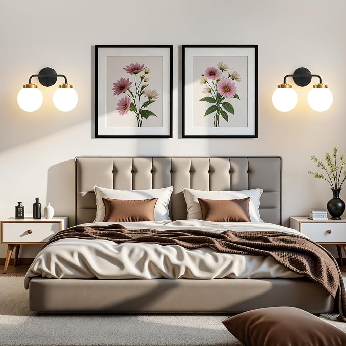 Black Gold Bathroom Light Fixtures Over Mirror, 14.17'' Vanity Lighting with Milk White Glass Globe Shades 2-Light Farmhouse Wall Sconce