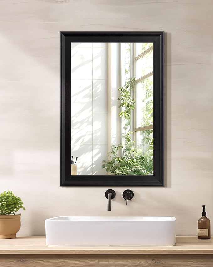 CULER Black Wood Wall Mirror for Bathroom,Rectangle 20 x 30 inch Hanging Vanity Mirrors with Wooden Frame for Living Room,Bedroom,Entryway