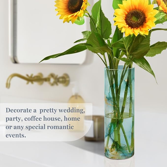 Watercolor Marble Texture Plastic Vase for Flowers 3.9" W x 11.8" H Modern Boho Style Cylinder Clear Vases for Wedding Centerpiece Table Party Home Office Decor