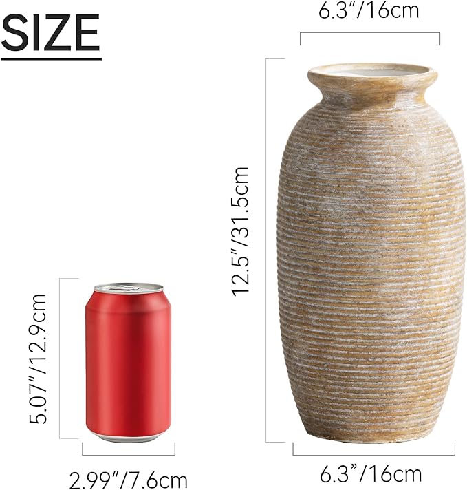 Ceramic Flower Vase, 12.5" Large Rustic Farmhouse Vases Home Decor Tall Pottery Decorative Pampas Vase for Table Living Room Entryway Mantel Bookshelf Bedroom Bathroom Kitchen-Yellow