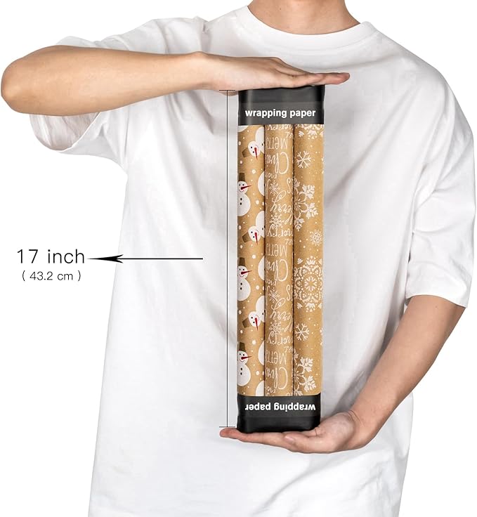 MAYPLUSS Kraft Christmas Wrapping Paper Roll - Mini Roll - 17 in X 120 in Per roll - White Snowman, Let it Snow Design Snowflake for XMAS,Party Birthday gift wrap (42.3 sq.ft.ttl)
