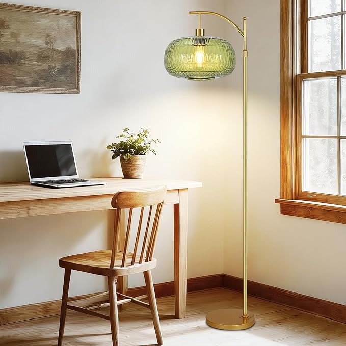 QIYIZM Glass Floor Lamp for Living Room,Bedroom,Gold Dimmable Standing Lamp with Remote,Green Mid Century Modern Brass Vintage Tall Lamp Floor Lamps Arc Boho Floor Light Lamp Bohemian