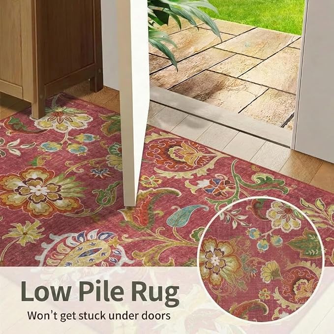 5x7 Area Rug Bohemian Vintage Floral Paisley Rug with Non Slip Backing, Washable Low Pile Burgundy Red Multi-Color Carpet for Bedroom, Living Room, Dining Room, Home Office, Farmhouse